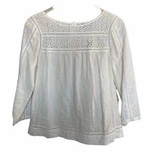 J Crew White Eyelet Long Sleeve Linen Blouse